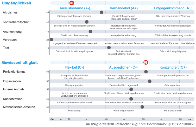 Auszug Bericht Big Five Pers&ouml;nlichkeitsfragebogen "Reflector Big Five Personality", basierend auf dem Big Five Pers&ouml;nlichkeitsmodell